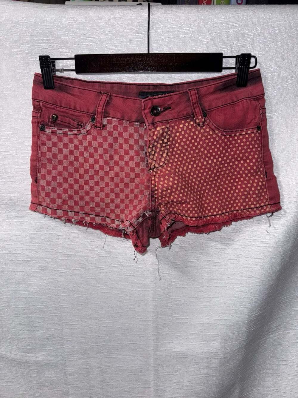 Lovesick The Short Juniors Red Denim Shorts Checkerboard/Polka Dot Print